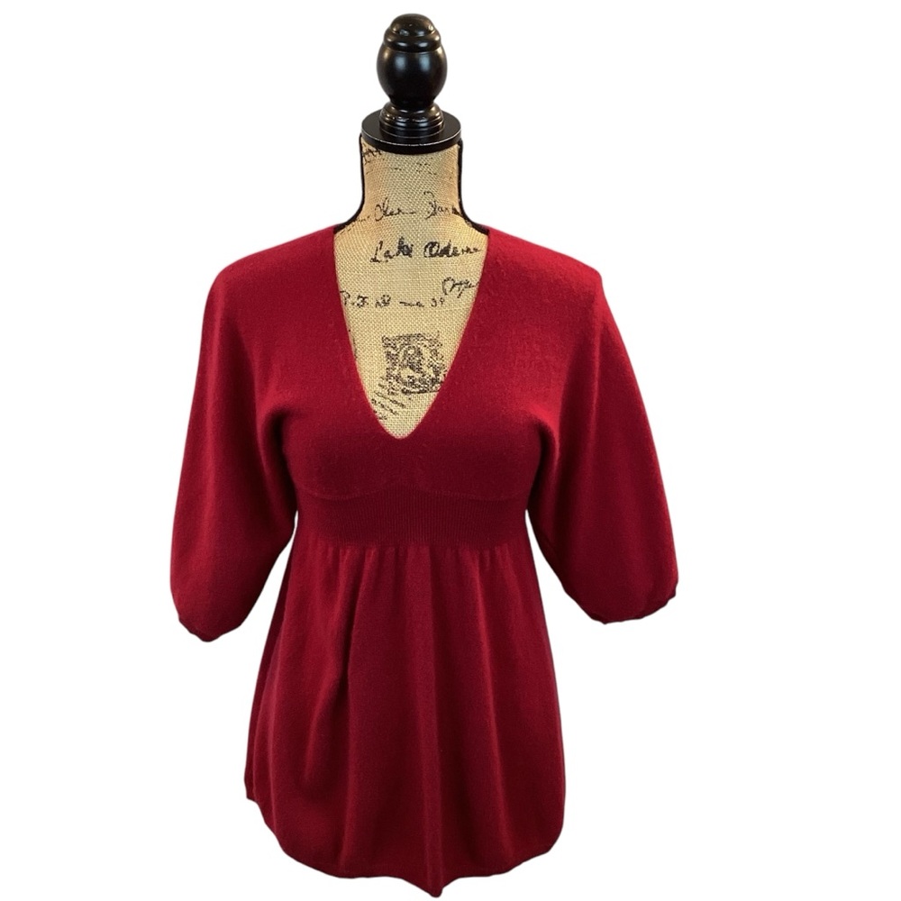 Vertical Design 2-Ply Cashmere Sweater VNeck Kimono Style Red